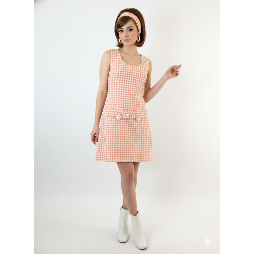 Vintage PROMOD Made in France Orange Gingham Mod Shift Mini Dress XS/S
